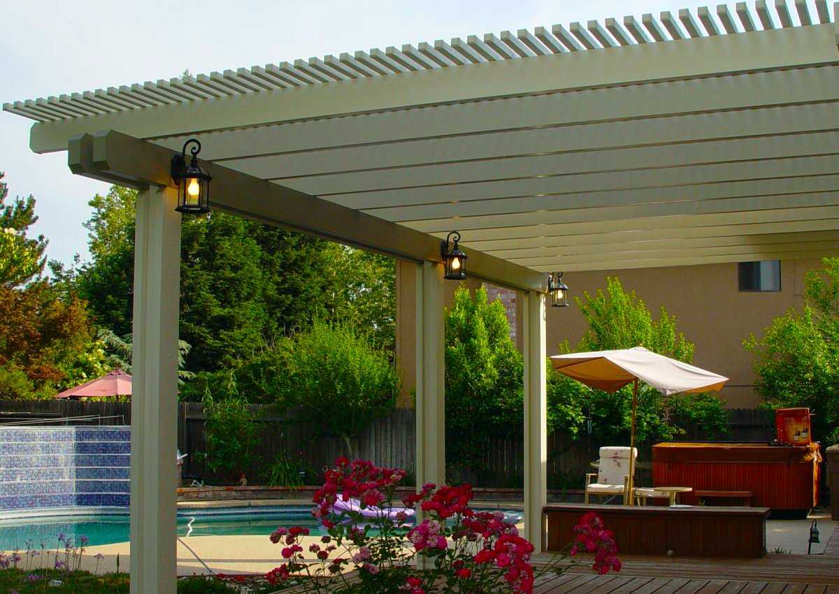Aluminum lattice patio cover over a backyard pool area in Sacramento